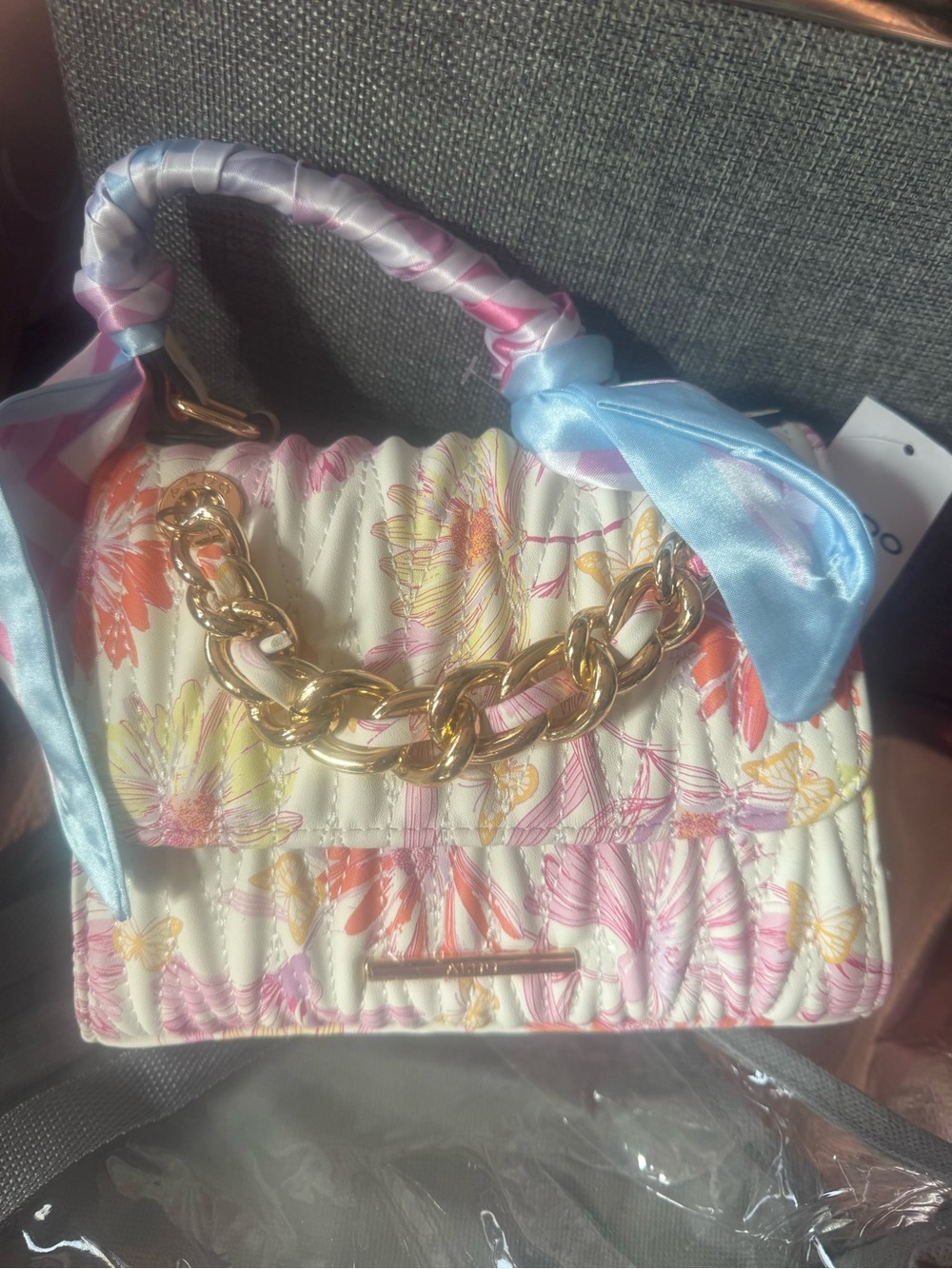 Aldo Floral Quilted Shoulder Bag with Gold Chain - Pink, Blue & Yellow